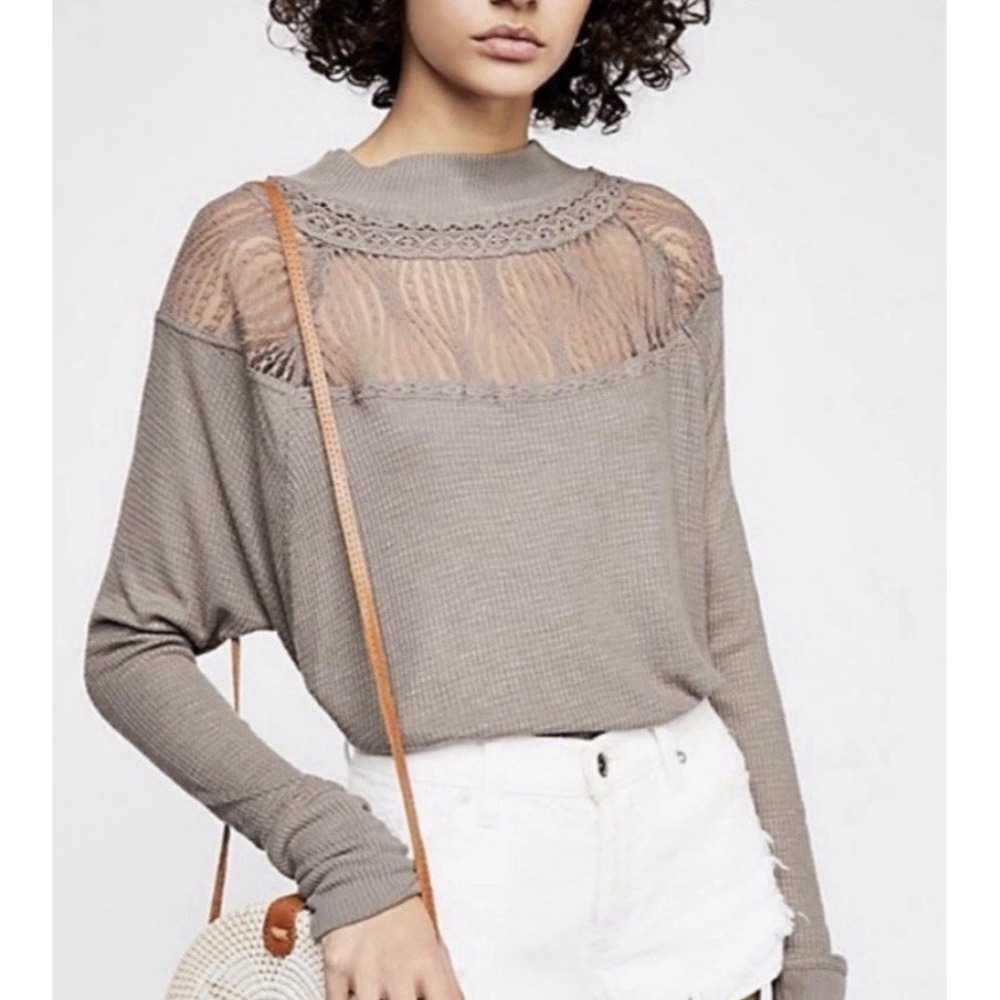 Free People Spring Valley Thermal Top Taupe Lace Waffle Knit S Boho Casual Comfy